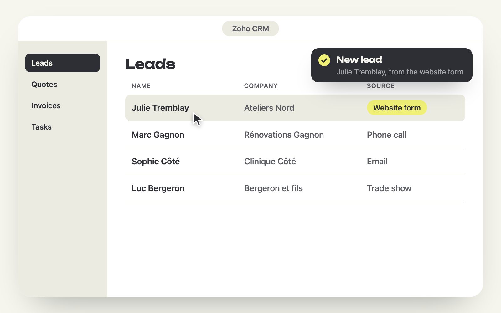 A new lead arriving in Zoho CRM from the website form, demonstration