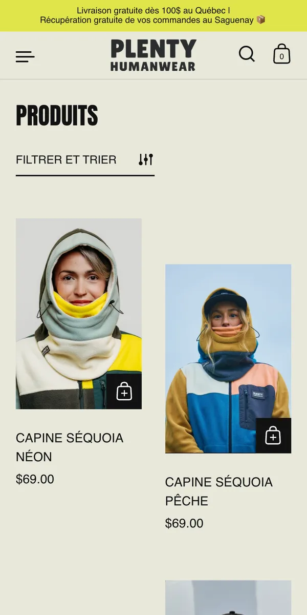 Le site plentyhumanwear.ca sur téléphone